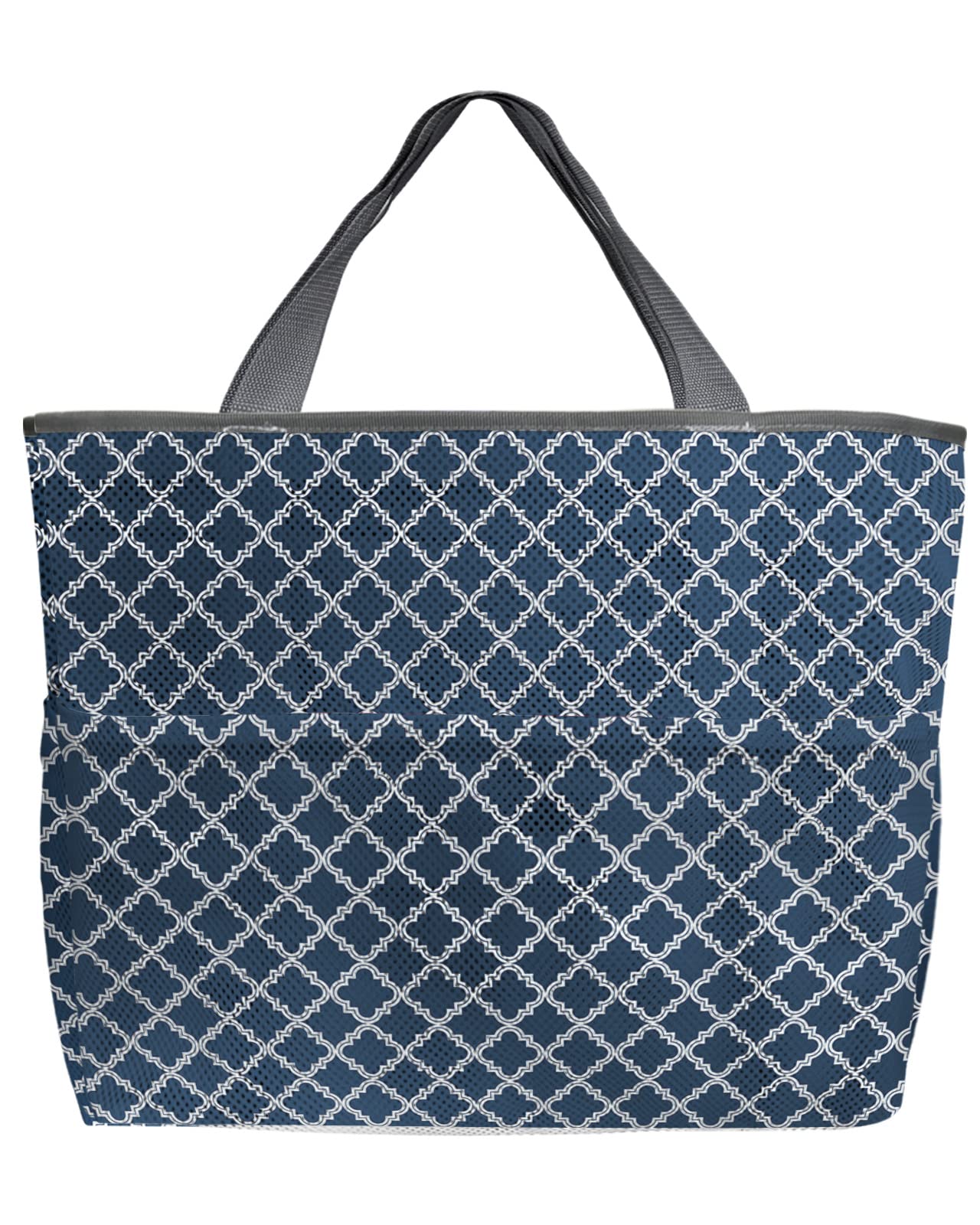 Mesh Beach Tote Bag - 60L Oversized Moroccan Tile Print Tote with Pockets | Quick Dry, Foldable & Lightweight Swim Bag | Blue Geometric Design for Beach, Pool & Grocery Storage | 24