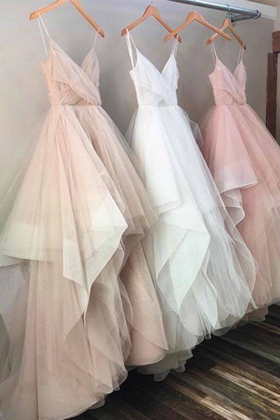 Blush Pink White Champagne Tulle V-Neck Wedding Dress Ball Gown – Elegant Bridal Gown for Church, Beach & Garden Weddings