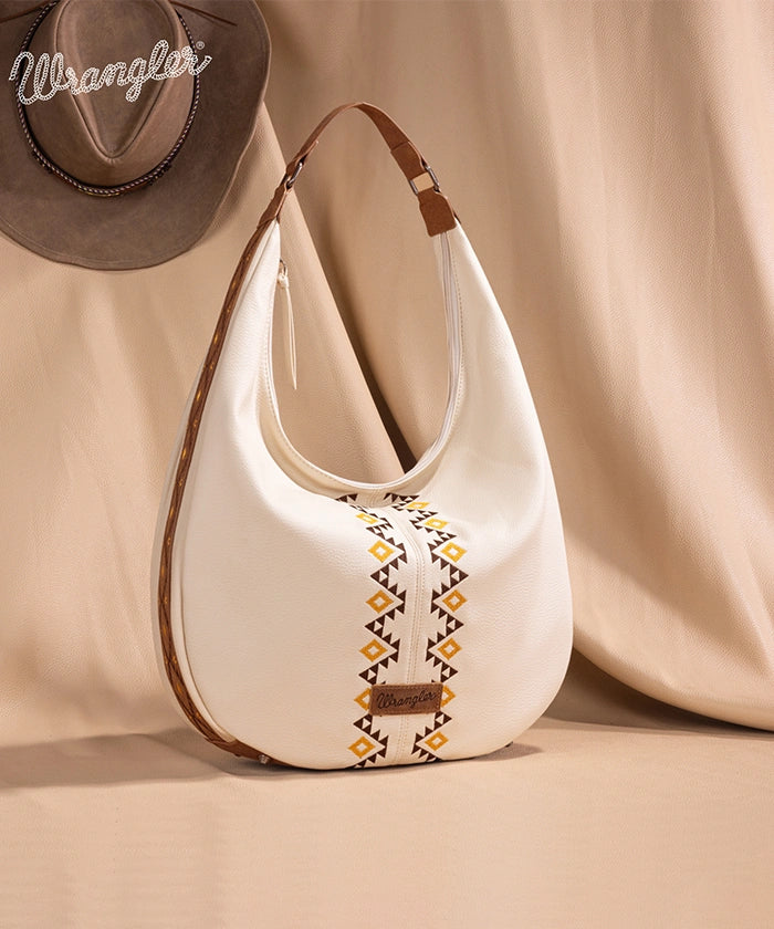 Wrangler Aztec Embroidered Wide Hobo Bag for Women - Stylish Boho Shoulder Purse with Tribal Pattern - Perfect for Casual Outings, Music Festivals & Travel Accessories