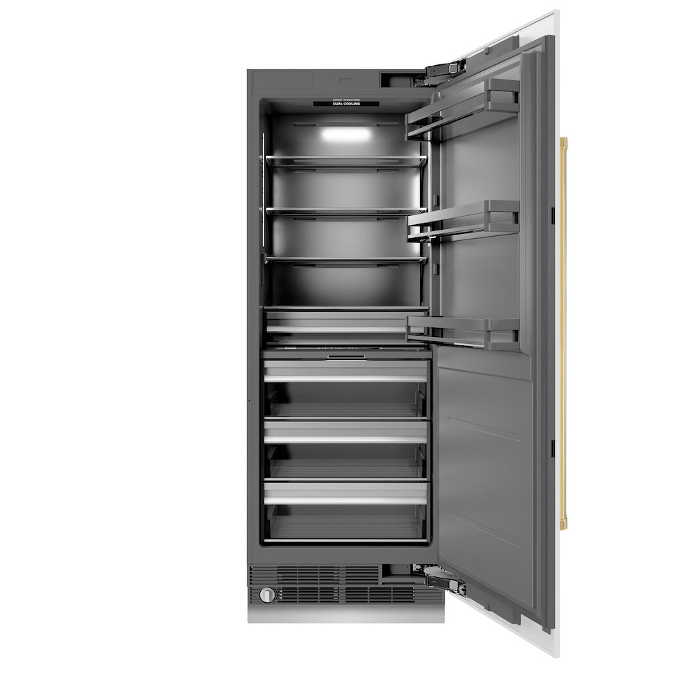 ZLINE Autograph Edition 30-inch 16.7 cu ft White Matte Column Refrigerator with Graphite Gray Interior & Polished Gold Accents - Perfect for Modern Kitchens, Open Concept Homes & Luxury Appliances Collection (RCRVZ WM 30 G)