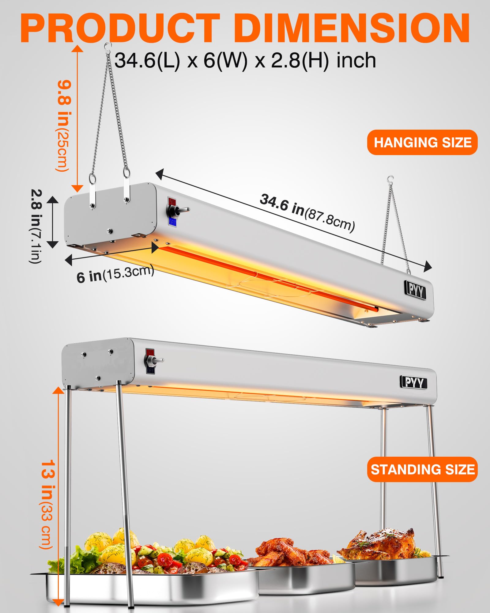 Commercial Food Heat Lamp - 35 Inch Adjustable 86-176°F (30-80°C) Aluminum Hanging Warmer for Restaurants, Buffets & Catering | 750W Electric Heater for Keeping Food Warm in Kitchens, Serving Areas & Events