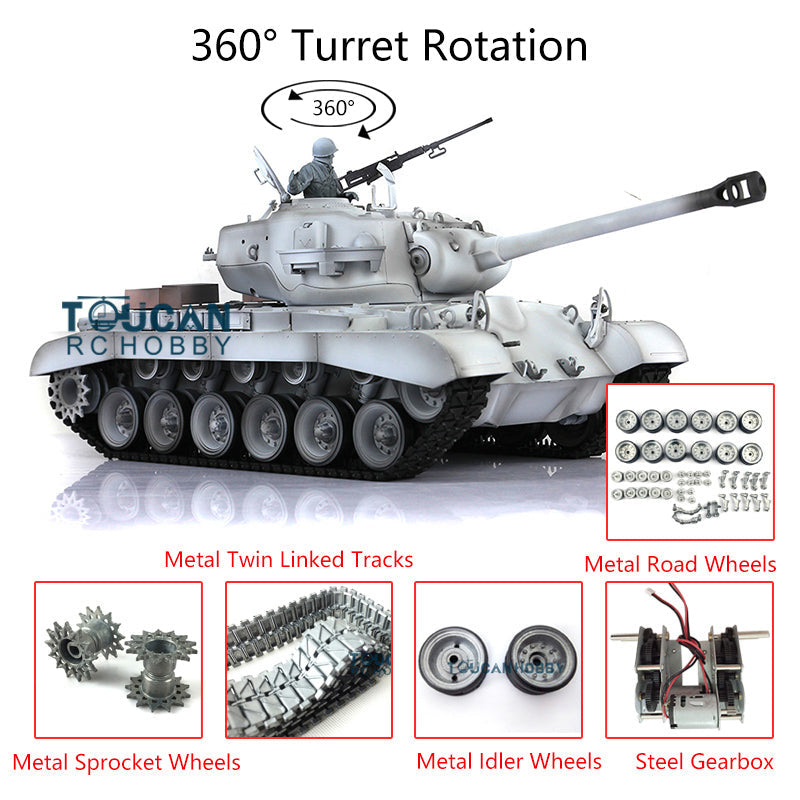 Henglong 1/16 Scale 7.0 M26 Patton RTR RC Tank Model 3838 with Metal Tracks, Double Rubber Pads, 360° Rotating Turret & Metal Road Wheels - Remote Control Military Vehicle for Outdoor Battles & Collectors Display