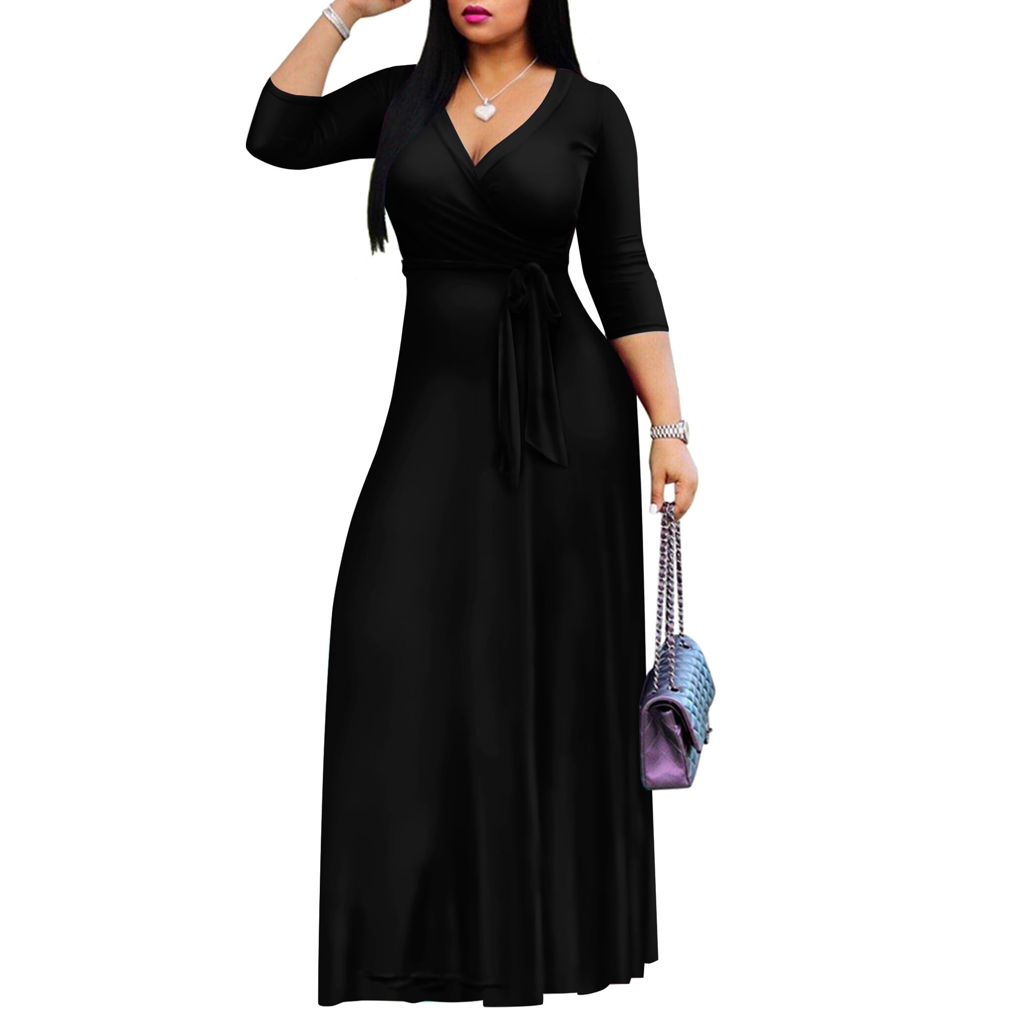 FANDEE Women's 2025 Maxi Dress - Solid Color Bohemian Summer Long Dress with V-Neck & 3/4 Sleeve | Beach Wedding, Vacation, Party & Casual Wear