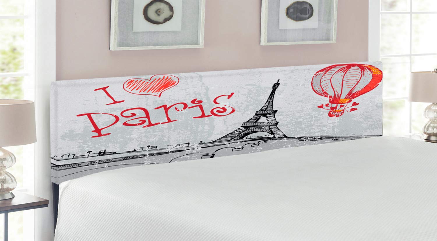 Ambesonne Love Headboard - Paris Romance Hot Air Balloon & Hearts Doodle Print Upholstered Metal Bed Frame with Memory Foam | King Size | Red Black Grey | Perfect for Master Bedroom, Guest Room & Romantic Decor