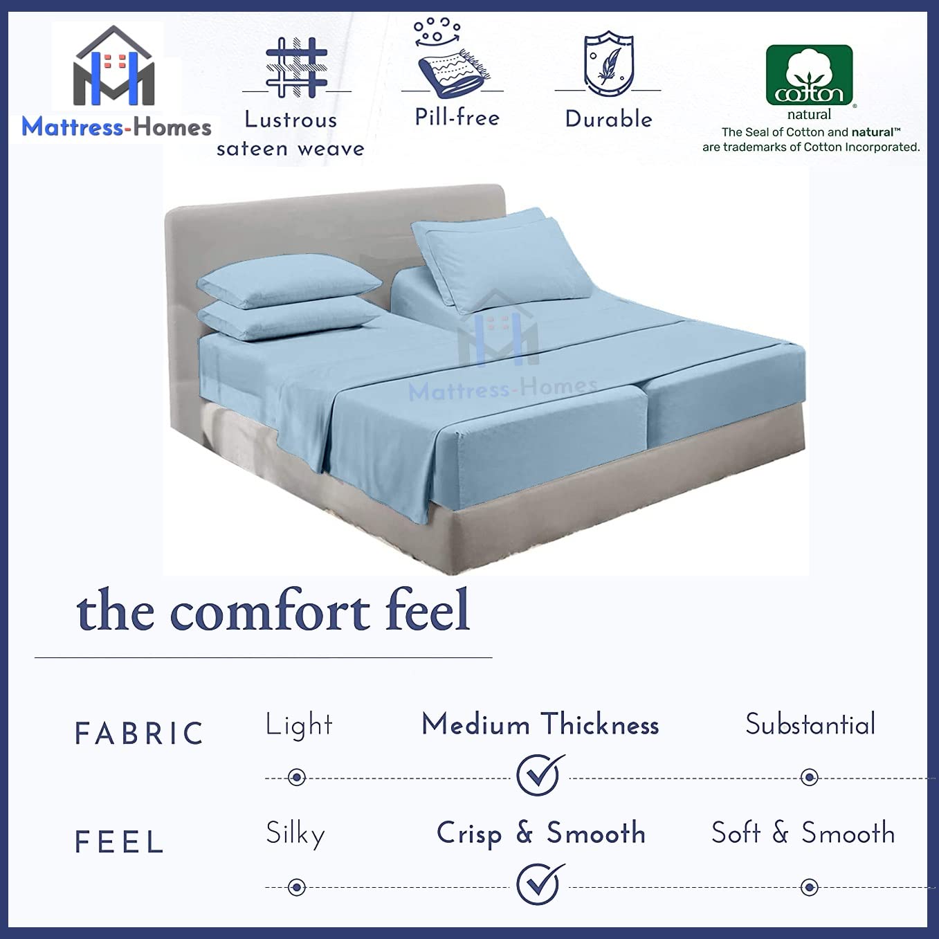 Split King Sheet Set 7-Piece - 100% Long Staple Combed Cotton 600 Thread Count - Light Blue Solid - Fits Adjustable Beds - Ultra Soft Breathable Bedding for Master Bedroom, Guest Room & Luxury Hotels