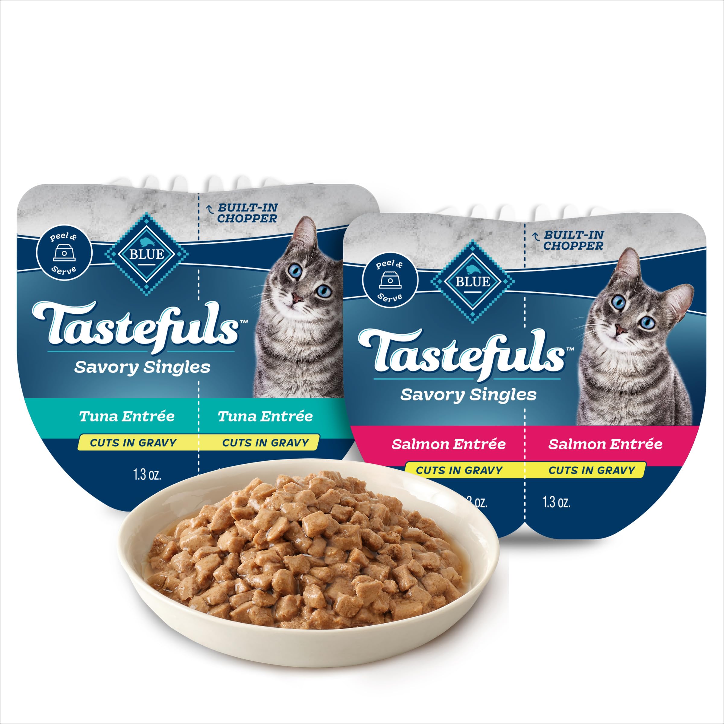 Blue Buffalo Tastefuls Savory Singles Natural Wet Cat Food Cuts in Gravy - Salmon & Tuna Variety Pack (12 Count, 2.6 oz Trays) | High Protein Grain-Free Cat Food for Adult & Senior Cats | Perfect for Mealtime, Travel & Picky Eaters