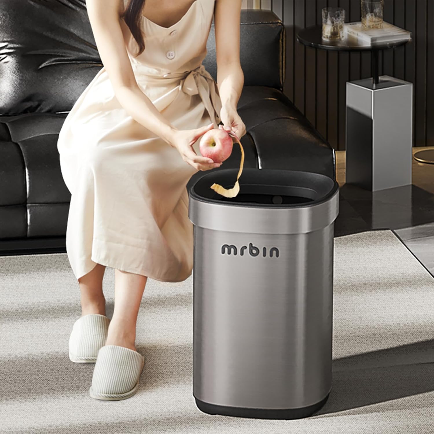 Mrbin 15L / 4gal Stainless Steel Open Top Trash Can - Round Brushed Metal Waste Basket with Hinged Rim & Inner Bucket for Bathroom, Kitchen, Living Room, Office - Eclipse Grey | Durable & Odor-Resistant Garbage Bin for Home & Commercial Use