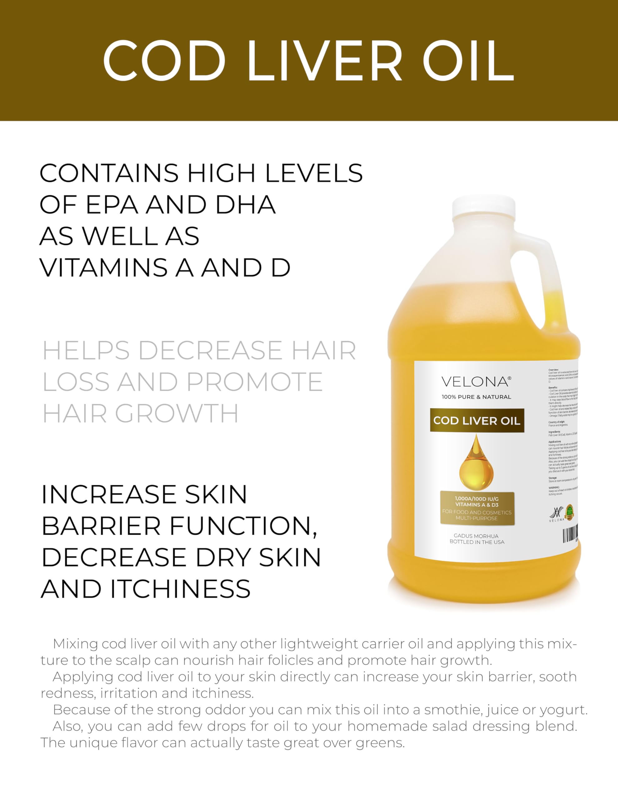 Velona Cod Liver Oil - 1 Gallon (128 Fl Oz) | High Potency Omega 3 with 1,000A/100D IU/g Vitamins A & D3 | Sustainably Sourced Norwegian Arctic Nordic Oil | Supports Hair, Skin & Joint Health | Perfect for Daily Wellness & Immune Support