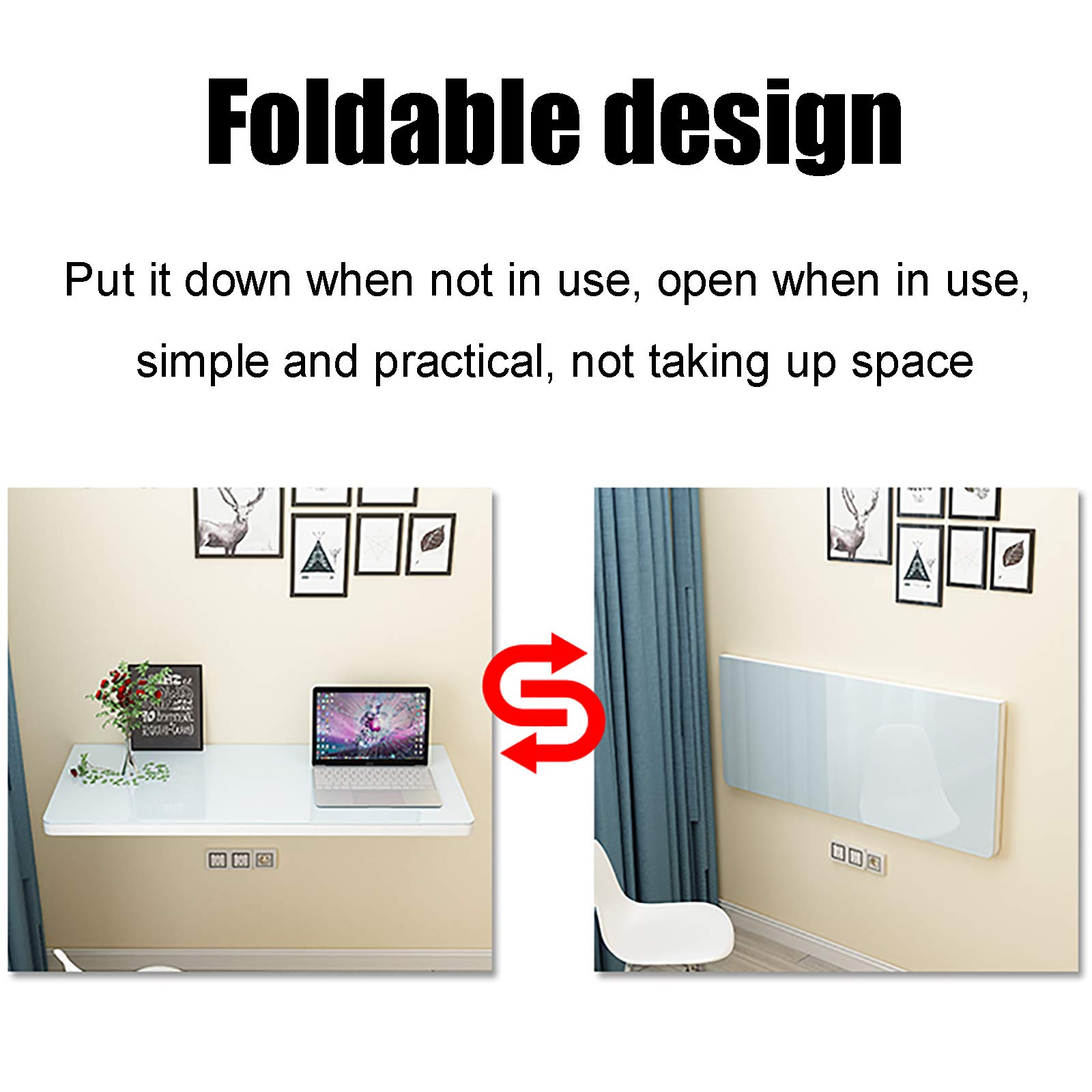 Tempered Glass Wall Mounted Folding Table - White Marble Drop Leaf Desk for Computer, Kitchen, Dining & Home Office | Space-Saving Floating Writing Desk for Small Apartments & Bars