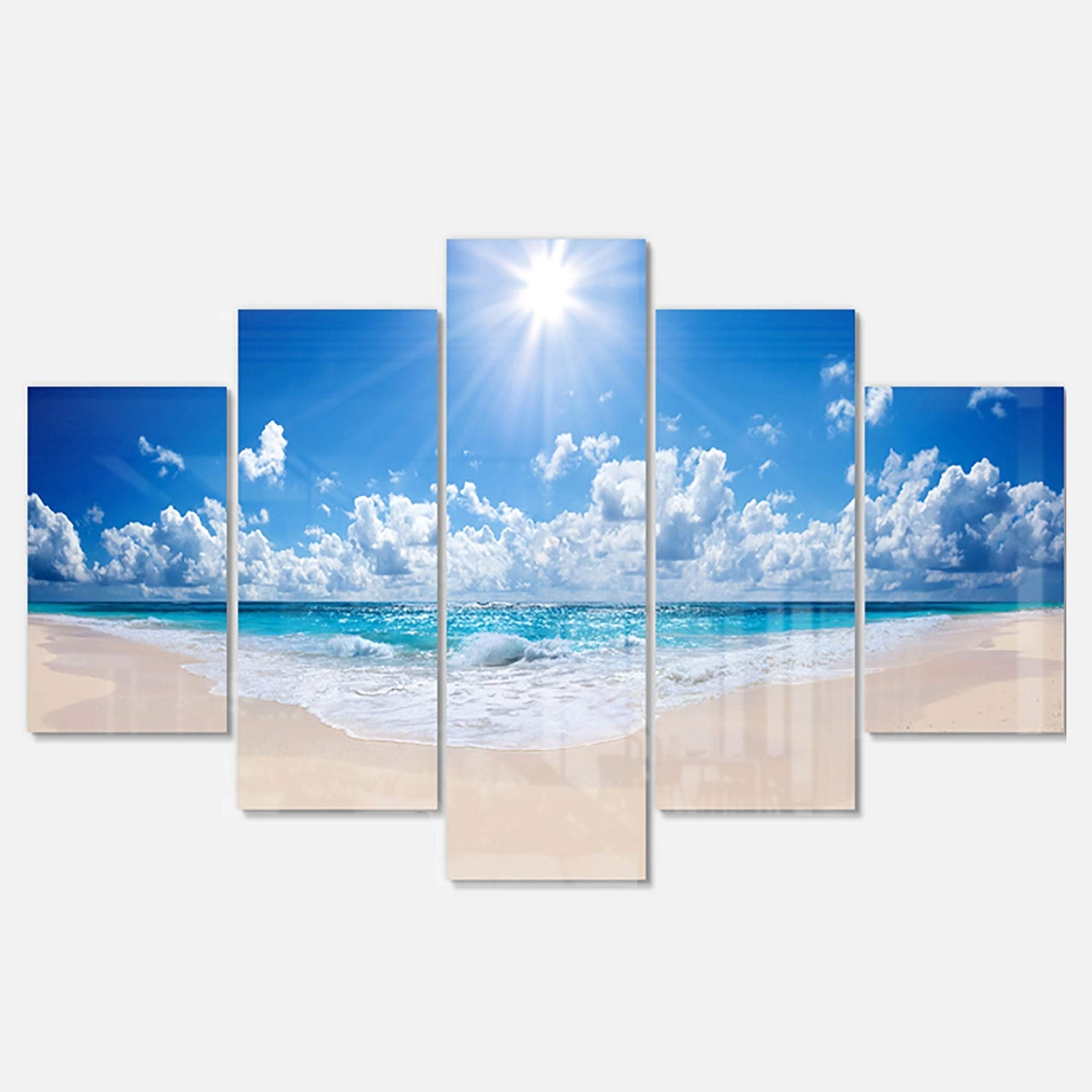 Designart Tropical Beach Panorama Wall Art - Modern Coastal Metal Wall Decor 32x60 Inches Blue - Perfect for Living Room, Bedroom & Office Decor