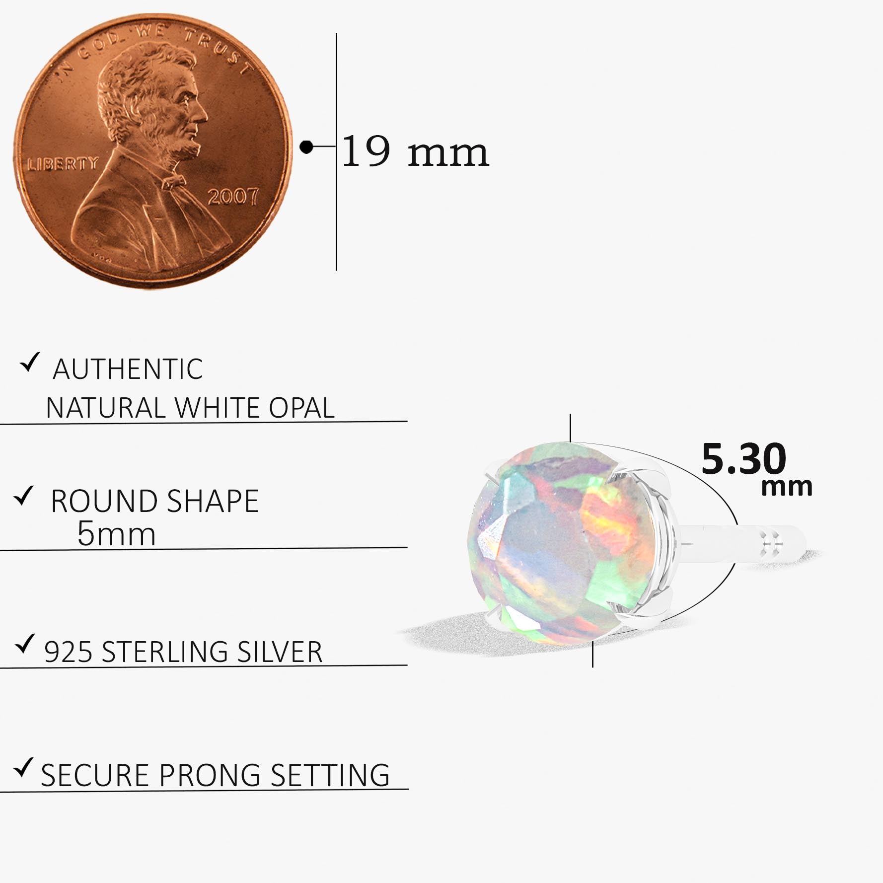 Round White Opal Gemstone Stud Earrings for Women - Minimalist Sterling Silver Simple Studs - Perfect for Everyday Wear, Office & Special Occasions