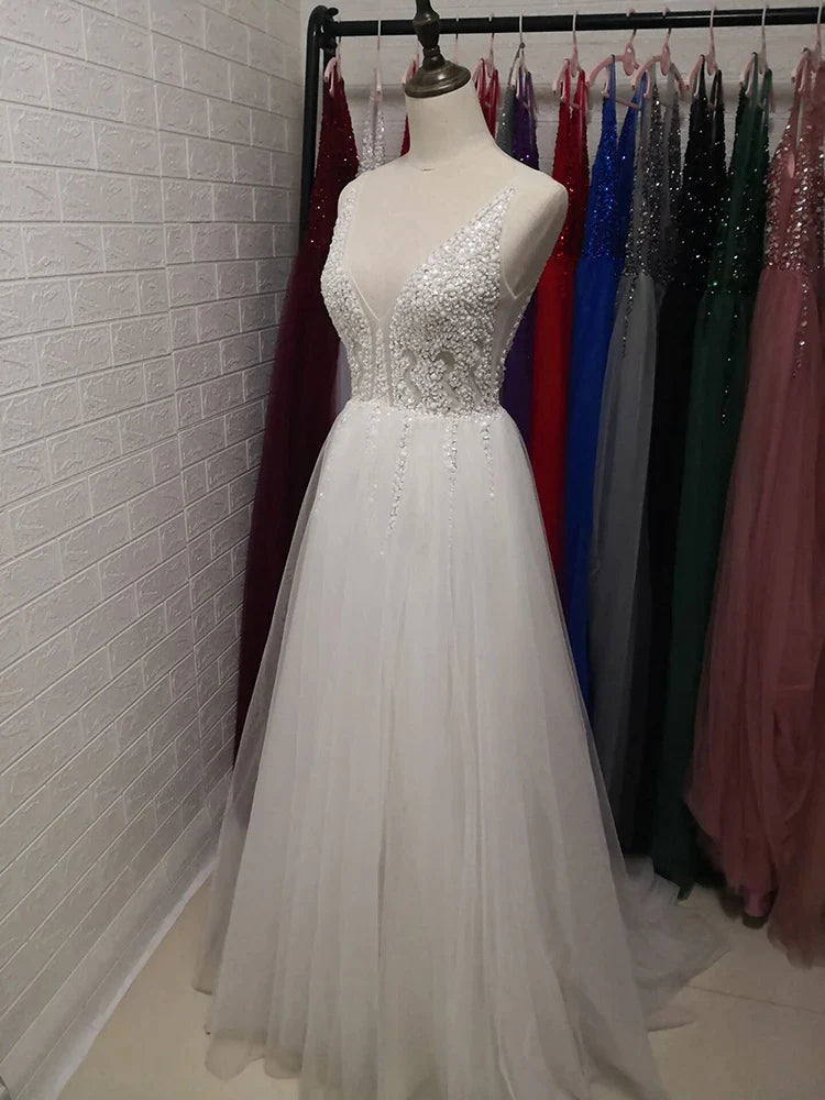 Elegant Light Gray Beaded Prom Dress with V-Neck, High Slit & Sweep Train - Sleeveless Backless A-Line Evening Gown for Homecoming, Formal Dances & Special Occasions