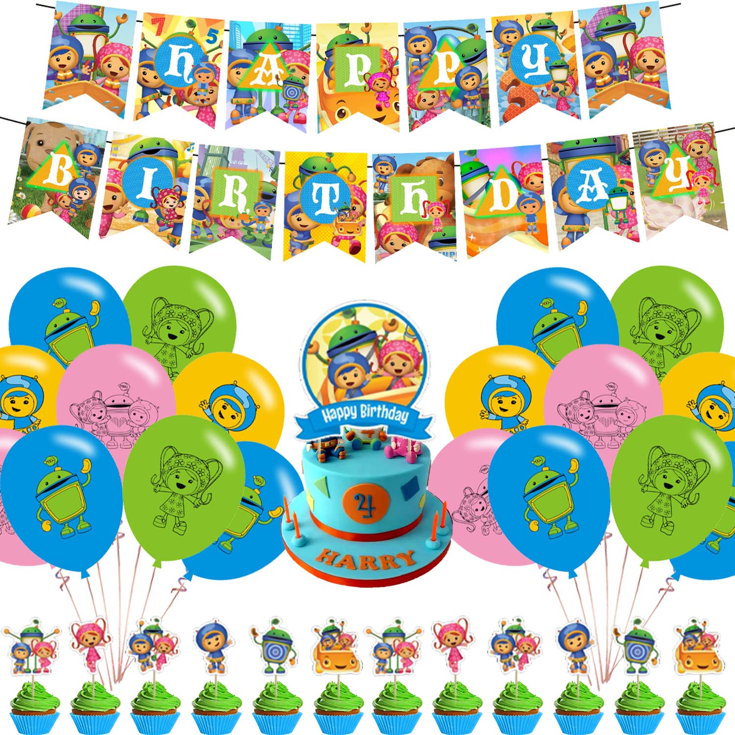 Team Umizoomi Birthday Party Decorations Set - Milli & Geo Themed Happy Birthday Banner, Cake Topper, Cupcake Toppers, Balloons for Boys & Girls Birthday or Baby Shower - Perfect for Kids' Themed Parties & Celebrations