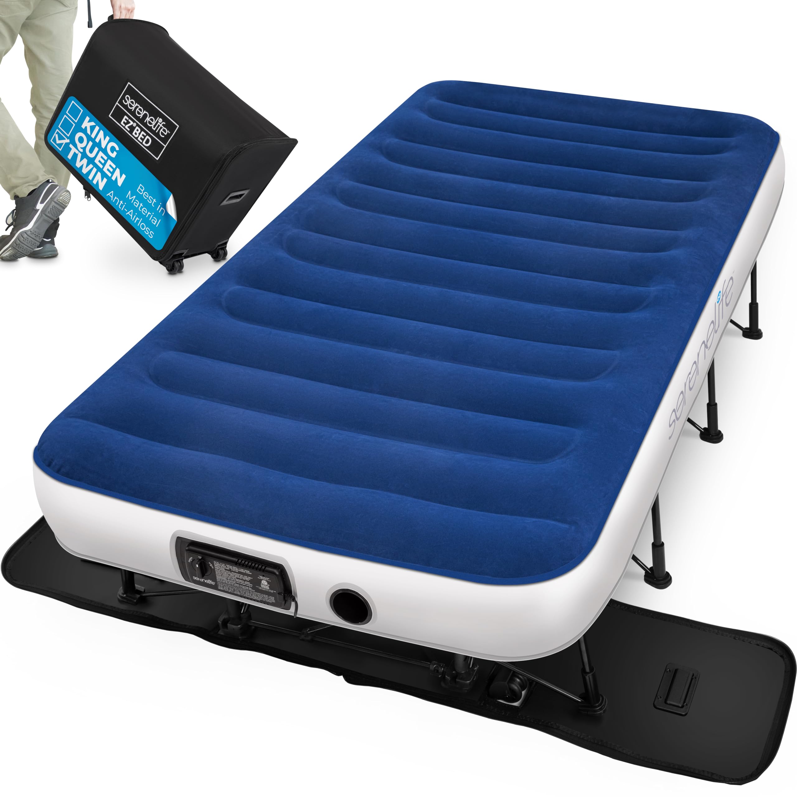 SereneLife EZ Bed Air Mattress with Frame & Rolling Case - Self-Inflating Twin Airbed with Built-in Pump - Perfect for Travel, Camping & Guest Hosting