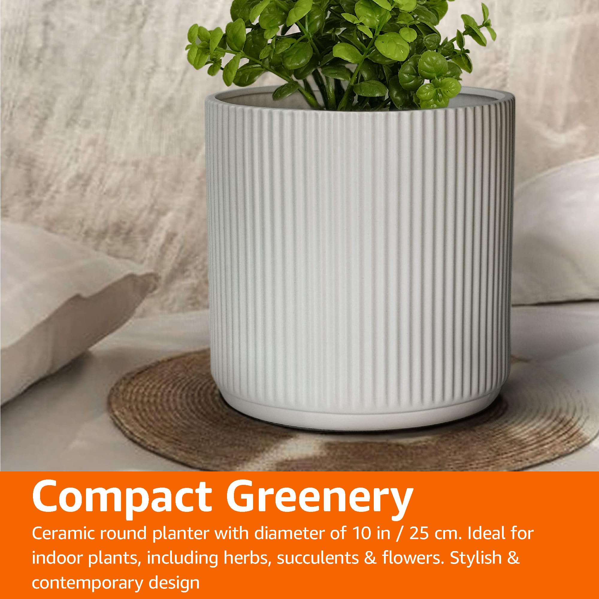 Amazon Basics Fluted Ceramic Round Planter - 10 Inch White Flower Pot for Indoor Plants, Outdoor Garden Decor, Home & Office Decoration