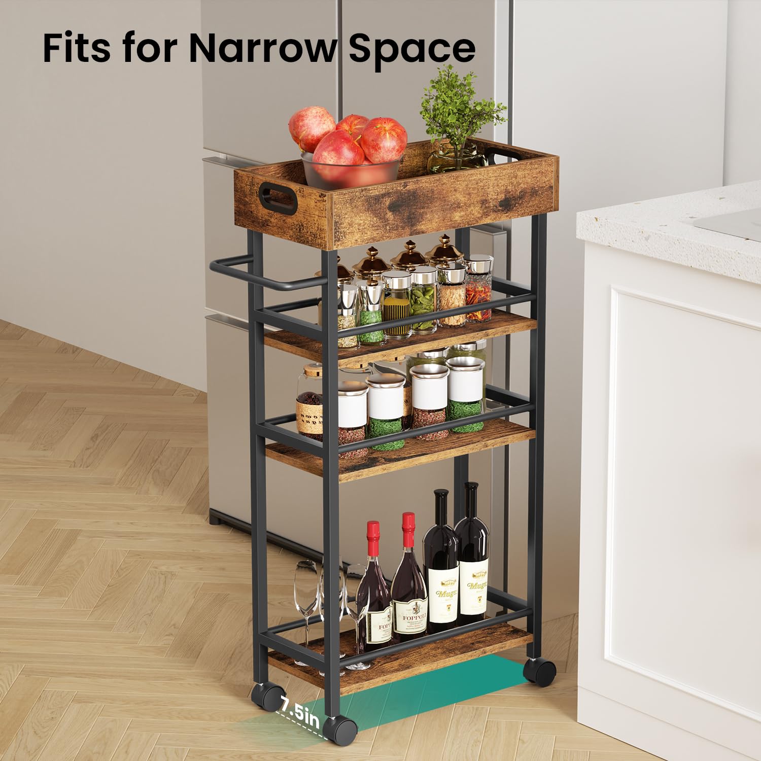 4-Tier Slim Rolling Storage Cart with Wheels & Handle - Narrow Metal Frame Organizer for Kitchen, Bathroom, Office - Perfect for Small Spaces, Laundry Room & Dining Room Storage Solutions