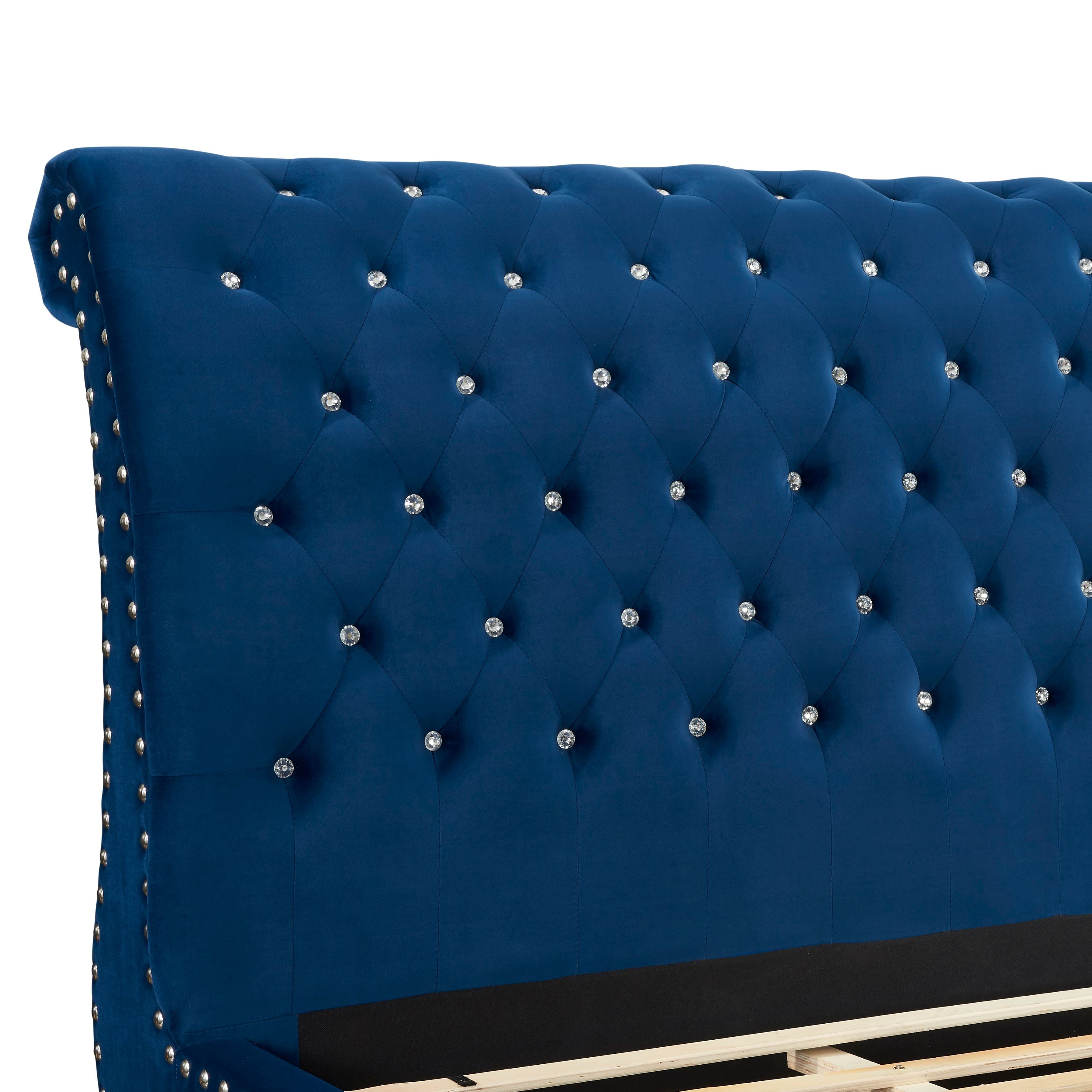 Roundhill Furniture Evora Velvet Upholstered Crystal Button Tufted Sleigh Bed - Queen Size Blue Velvet Bed Frame for Luxurious Bedroom Decor | Perfect for Master Bedrooms, Guest Rooms & Modern Apartments