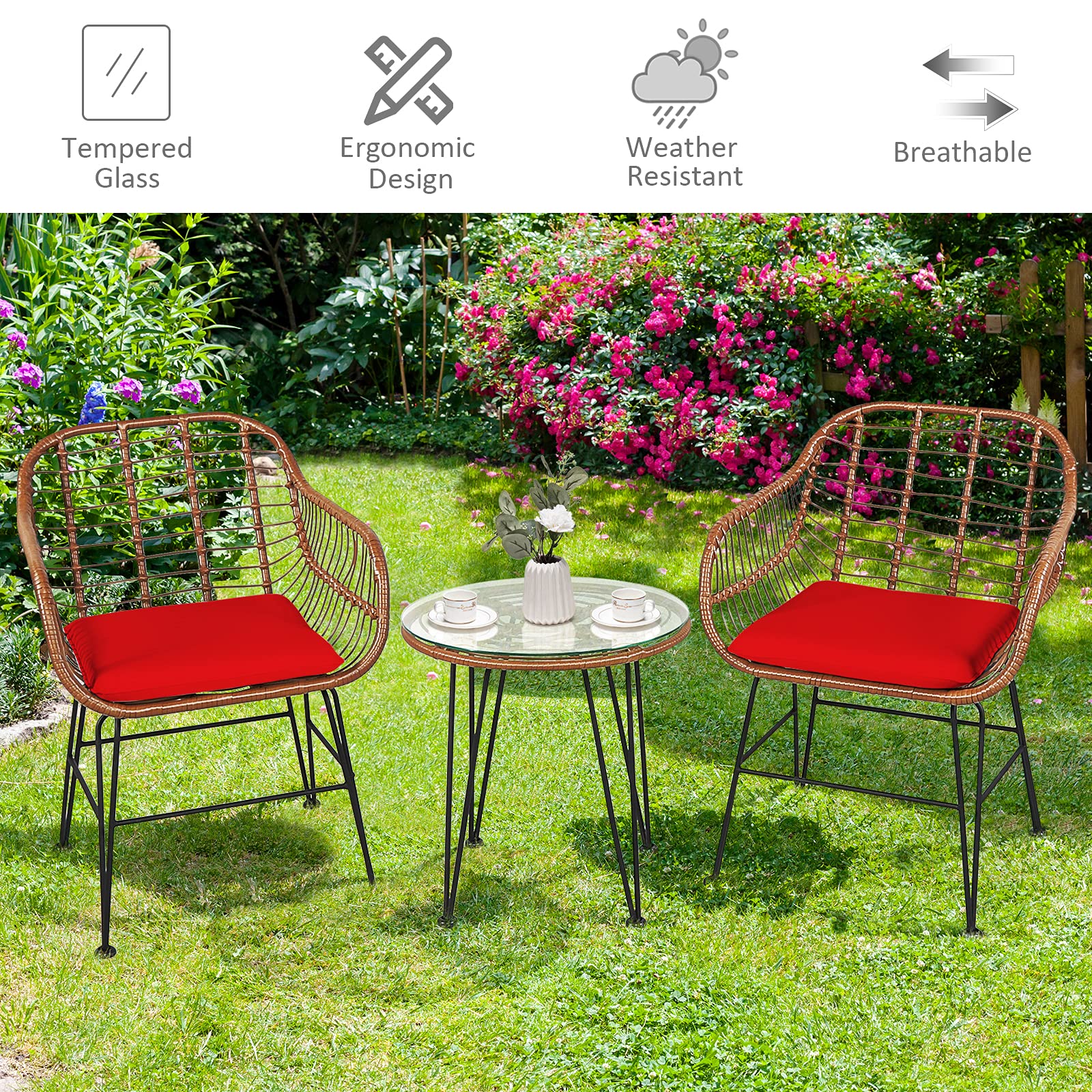 Tangkula 3-Piece Patio Conversation Set - Outdoor Wicker Furniture with Round Tempered Glass Table & 2 Rattan Chairs, Bistro Set with Cushions for Porch, Backyard, Garden, Deck or Poolside Relaxation