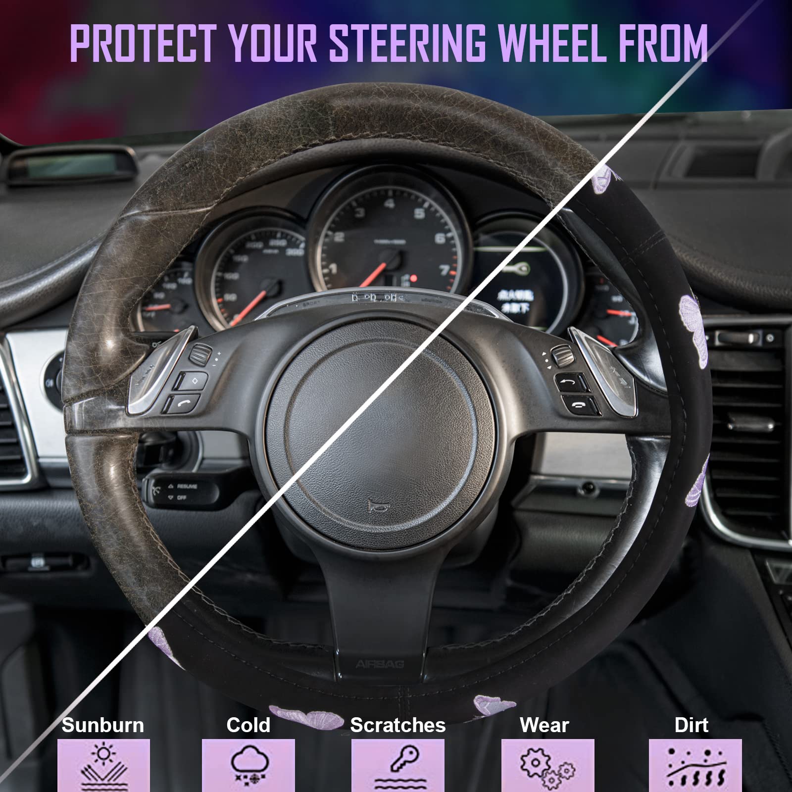 Purple Butterfly Embroidery Steering Wheel Cover - Universal 15 Inch Car Wheel Cover for Women & Girls - Fits SUVs, Small Trucks, Sedans & Cars - Black & Purple Design - Perfect for Commuting, Road Trips & Daily Driving Comfort