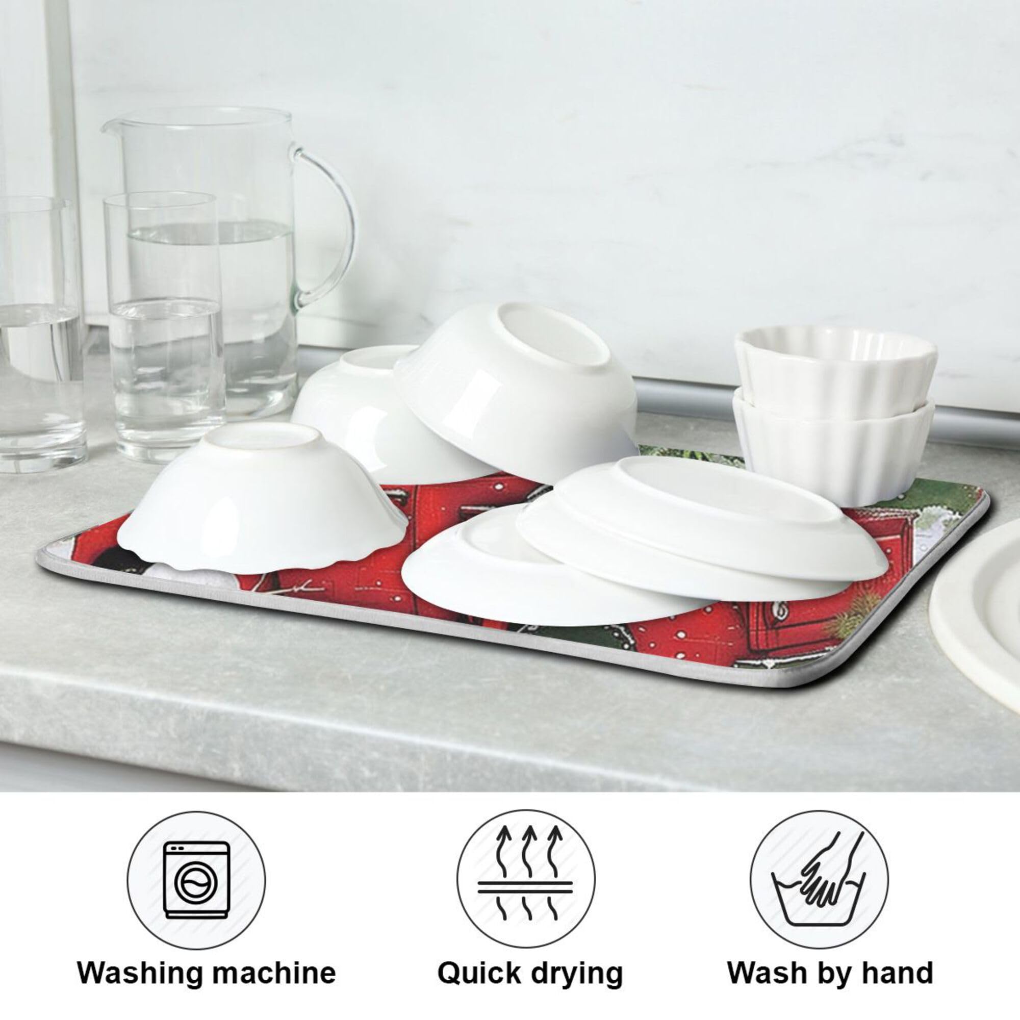 Christmas Red Truck Snowman Dish Drying Mat 18x24 - Absorbent Fast Dry Kitchen Accessories for Winter Holiday Decor, Xmas Tree Dishes & Snowflake Themed Kitchens - Perfect for Holiday Entertaining, Dish Drainer Rack & Festive Home Decor