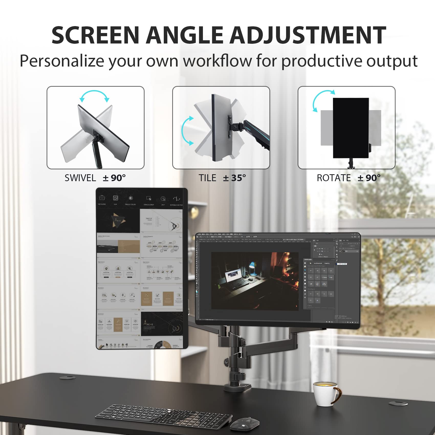 EUREKA ERGONOMIC Dual Monitor Stand - Adjustable Gas Spring Monitor Arm for 13-32 Inch Screens (Up to 17.6 lbs) with VESA 75x75/100x100mm - C Clamp & Grommet Base (Black) - Perfect for Home Office & Gaming Setup
