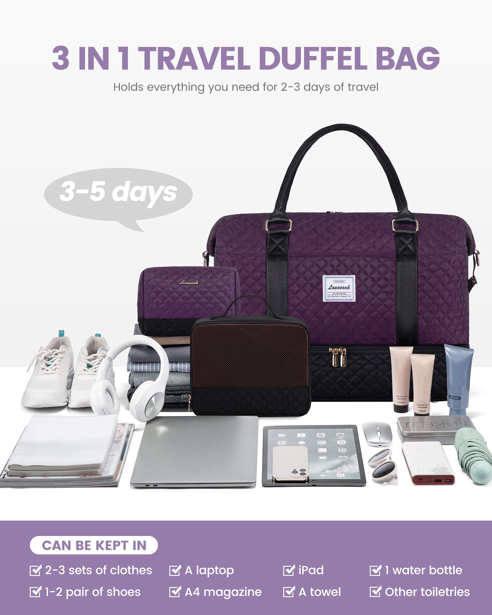 LOVEVOOK Women's Travel Weekender Bag with Shoe Compartment - 3 Piece Carry On Overnight Duffle Bag Set for Gym, Yoga, Hospital & Labor Delivery - Includes Wet Pocket for Toiletries - Perfect for Weekend Getaways, Business Trips & Maternity Hospital Stays