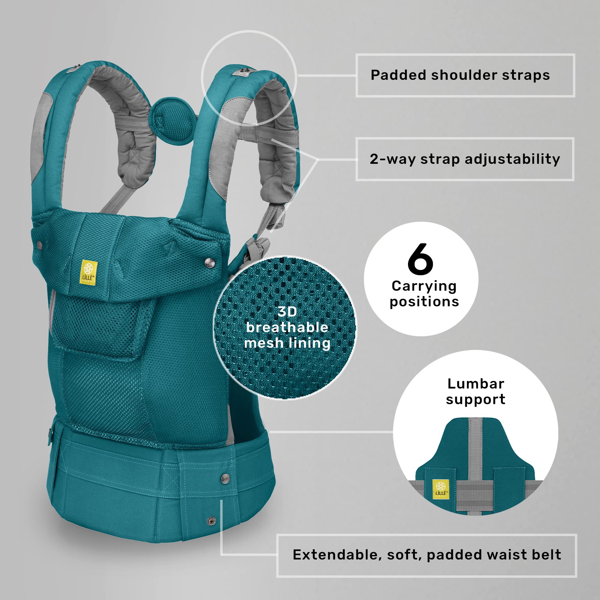 LÍLLÉbaby Complete Airflow Ergonomic 6-in-1 Baby Carrier for Newborn to Toddler (7-45 lbs) - Adjustable Lumbar Support, 360° Carrying Positions, Breathable Mesh - Pacific Coast | Perfect for Hiking, Shopping & Hands-Free Parenting