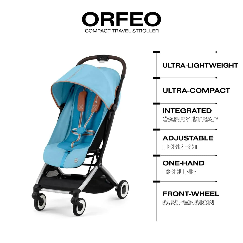 Orfeo Compact Lightweight Travel Stroller for Toddlers - Easy Fold, Portable Baby Stroller with Canopy - Perfect for Airplane, Beach, Shopping & City Walks (Beach Blue)