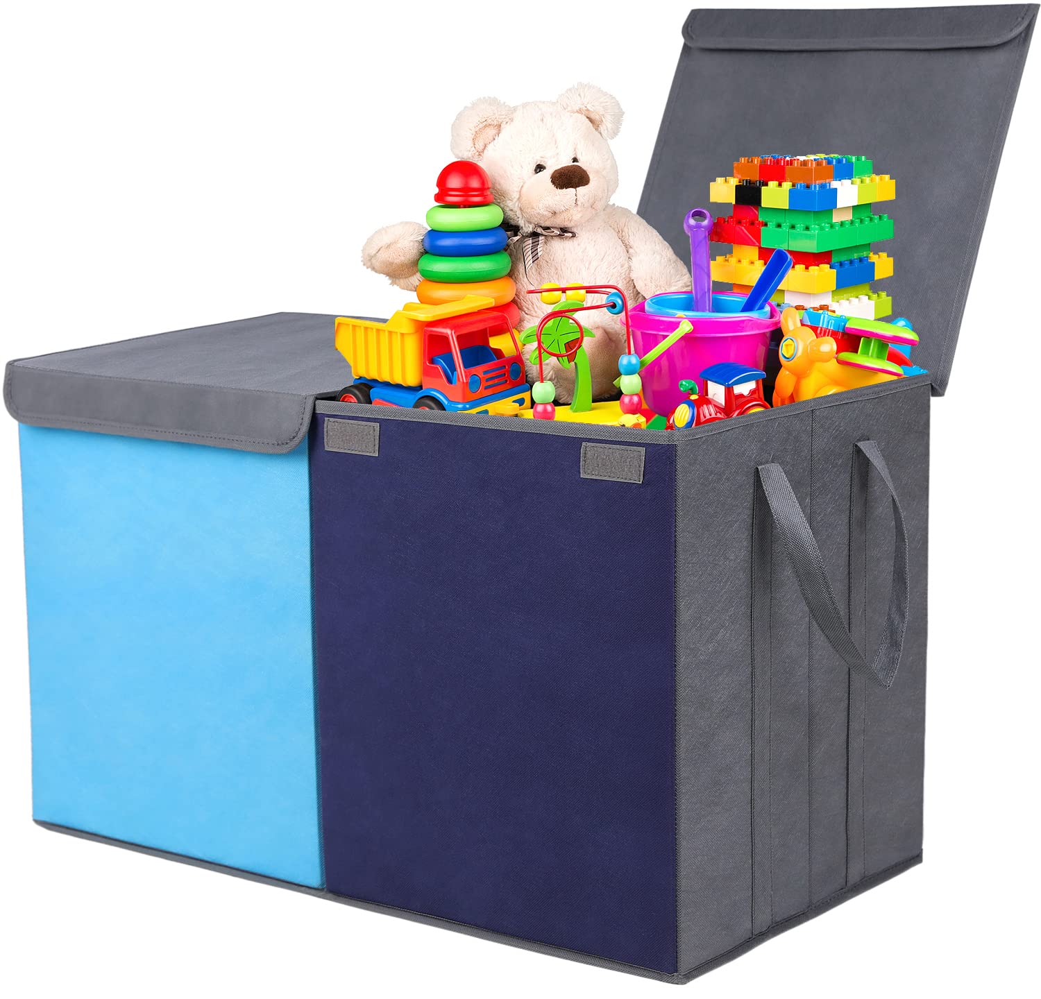 Collapsible Stackable Toy Storage Bins with Lids - Double Color Double Space Large Toy Organizer Box for Kids, Boys & Girls - Perfect for Storing Clothes, Books, Legos & Toys (V-Blue) - Ideal for Playrooms, Bedrooms & Daycare Organization