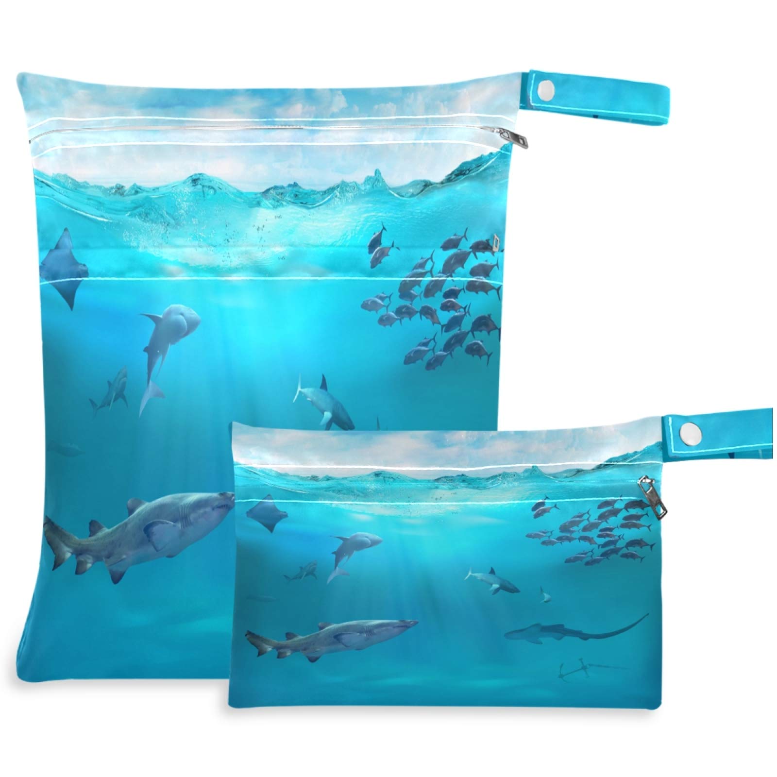 Visesunny Sea Shark 2-Pack Waterproof Wet Bags with Zipper Pockets - Reusable & Washable Storage for Swimsuits, Gym Clothes, Diapers & Toiletries - Perfect for Travel, Beach, Pool, Daycare & Stroller Organization