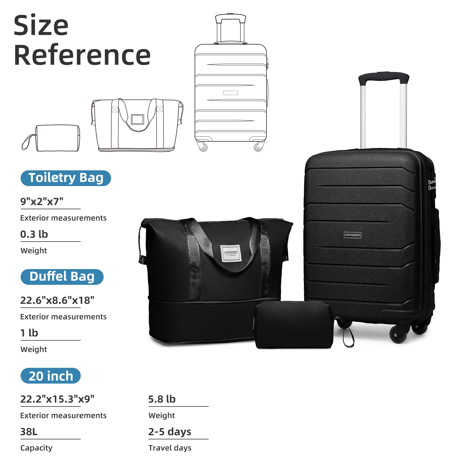 Lavender 3-Piece Hard Shell Carry On Luggage Set for Women - 20 Inch Airline Approved Spinner Suitcase with TSA Lock (22x14x9 Inches) - Perfect for Business Travel, Weekend Getaways & Airplane Cabins (Black, 20Inch/DB/TB)