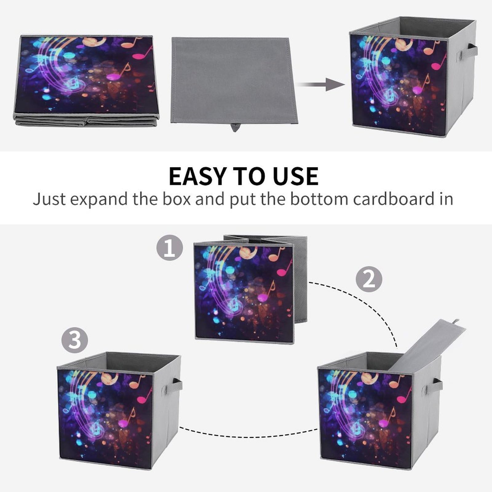 6-Pack Colorful Galaxy Music Note Collapsible Storage Bins with Handles - Large Closet Organizer, Clothing Storage Boxes for Bedroom, Kids Room & Office Organization