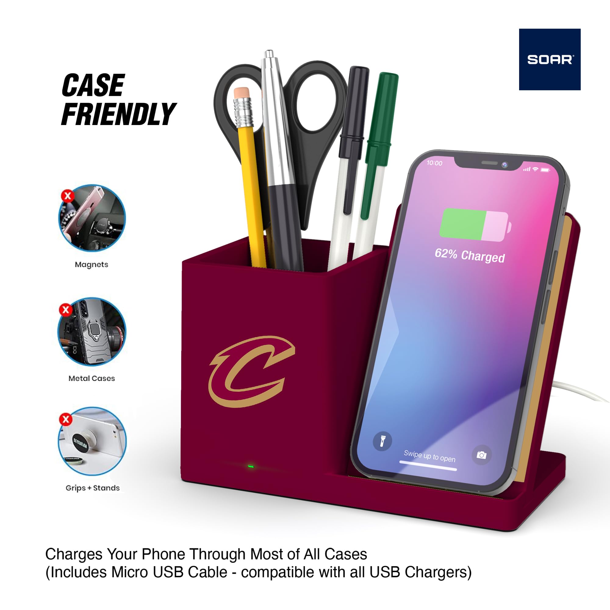 SOAR Wireless Charger & Desktop Organizer - Fast Qi Charging Station with Phone Stand, Multi-Device Charging Pad for iPhone, Samsung, AirPods - Perfect for Office, Home & Travel Use