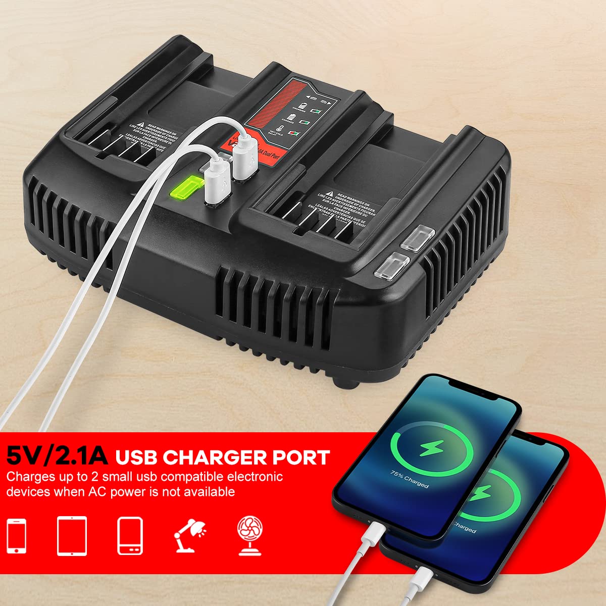 20V Dual Port Fast Charger for Craftsman V-20 Lithium Battery - Replacement for CMCB104/CMCB204/CMCB202/CMCB201/CMCB209/CMCB205/CMCB100 - Perfect for Power Tools & Outdoor Equipment Charging