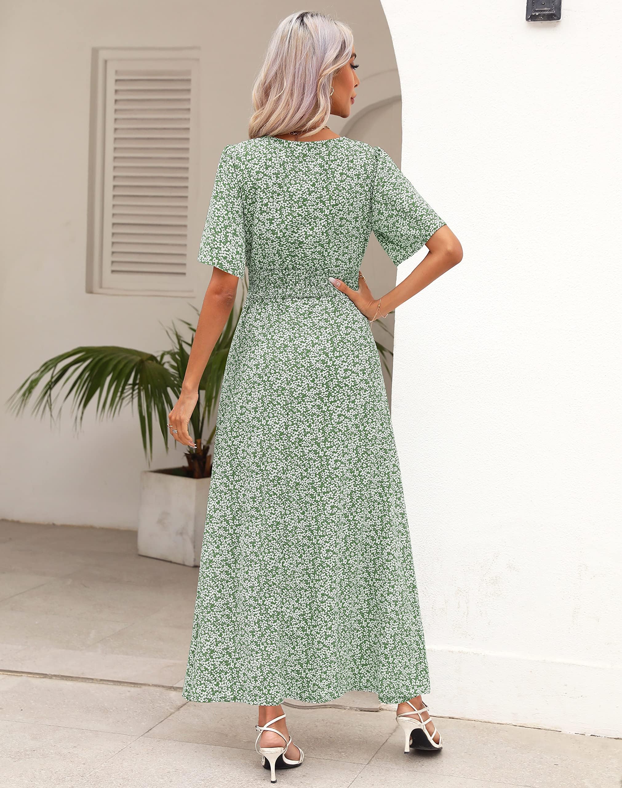 Kranda Women's Floral V-Neck High Waist Boho Maxi Dress - Summer Spring Casual Long Swing Dress with Slit & Short Sleeves - Perfect for Beach Vacations, Date Nights & Boho Fashion