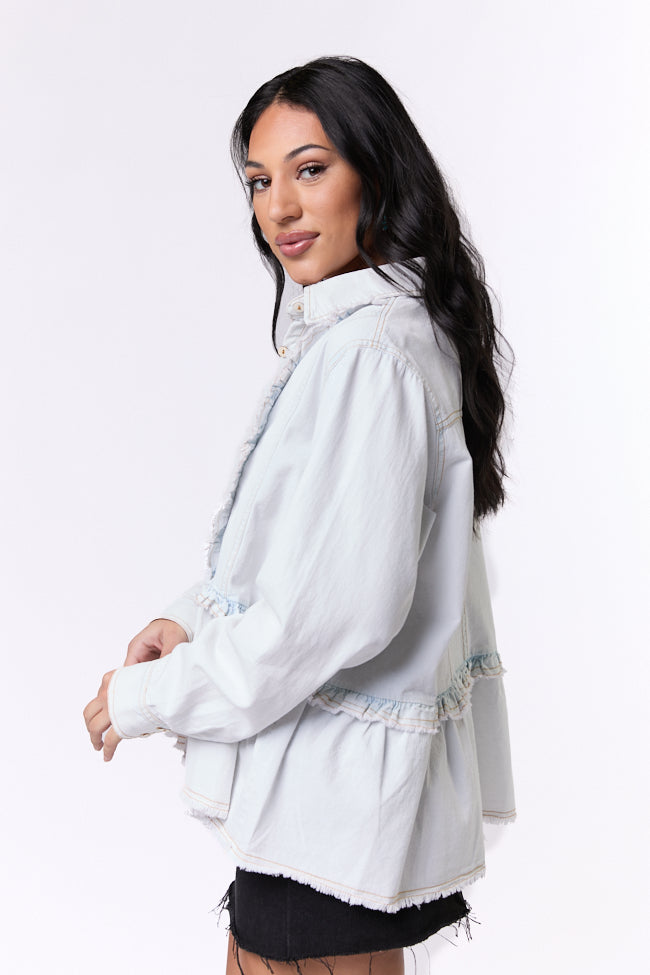 Light Wash Ruffle Trim Peplum Chambray Blouse for Women - Casual Summer Tops for Work & Date Night Outfits