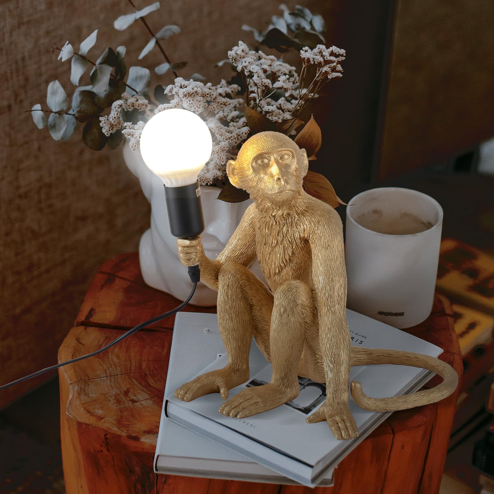 Modern Resin Sitting Monkey Table Lamp - Stylish LED Desk Light for Home & Office Decor, Bedroom, Living Room, Kids Room (Gold) - Perfect for Nightstands, Study Tables & Cozy Reading Corners