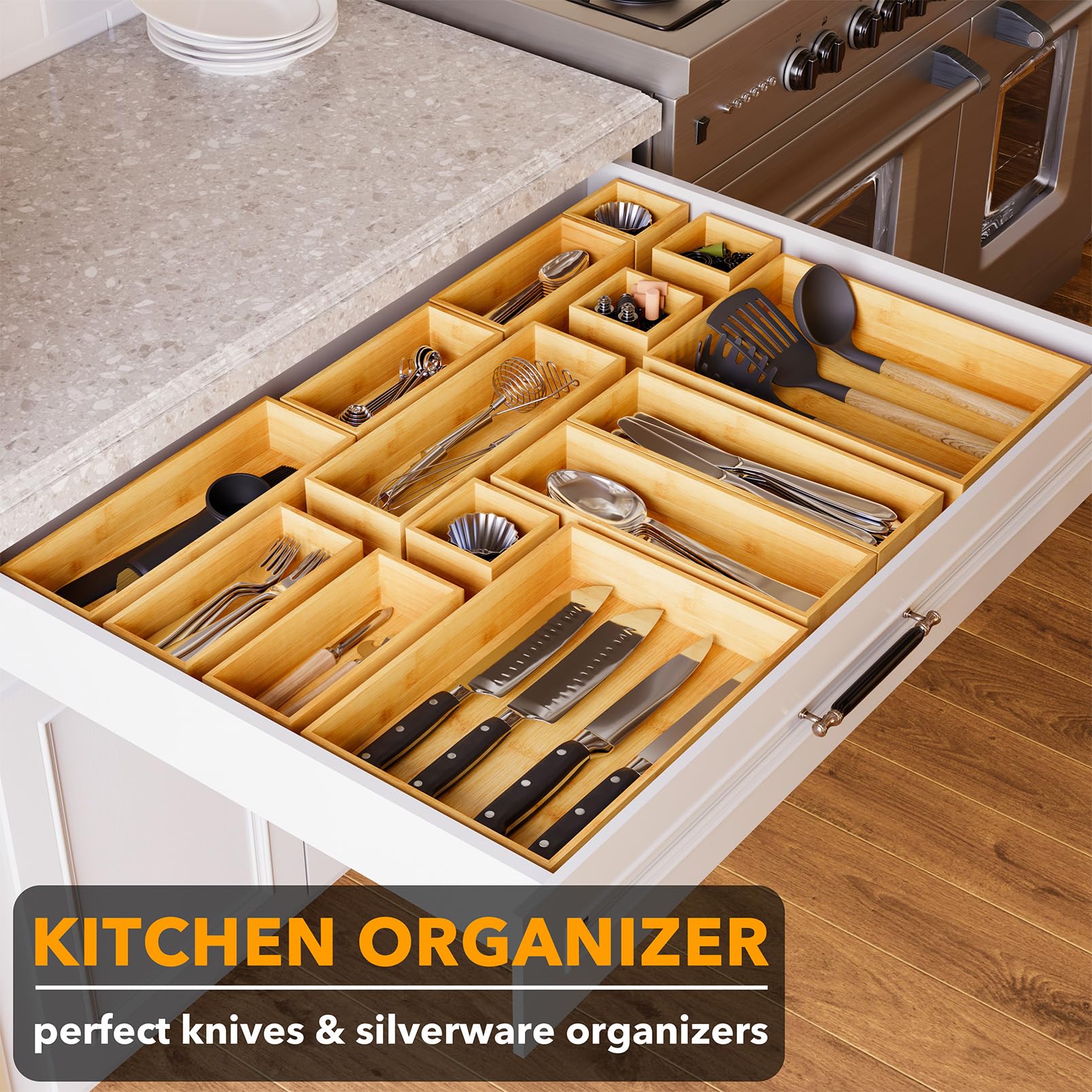 SpaceAid 21-Piece Bamboo Drawer Organizer Set - Wooden Storage Trays & Dividers for Kitchen, Bathroom, Office & Makeup Organization - Natural Bamboo Drawer Organizers (21 Pack) - Perfect for Decluttering Drawers, Organizing Utensils & Storing Small Items