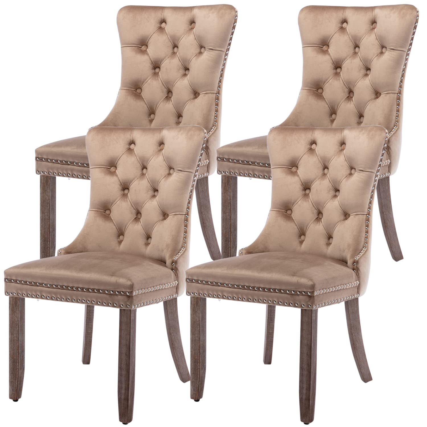 Virabit Velvet Dining Chairs Set of 4 - Tufted Upholstered Kitchen Chairs with Nailhead Trim & Solid Wood Legs, Mid Century Modern Style for Dining Room, Bedroom or Office (Khaki) | Comfortable Seating for Family Meals, Entertaining Guests & Home Decor