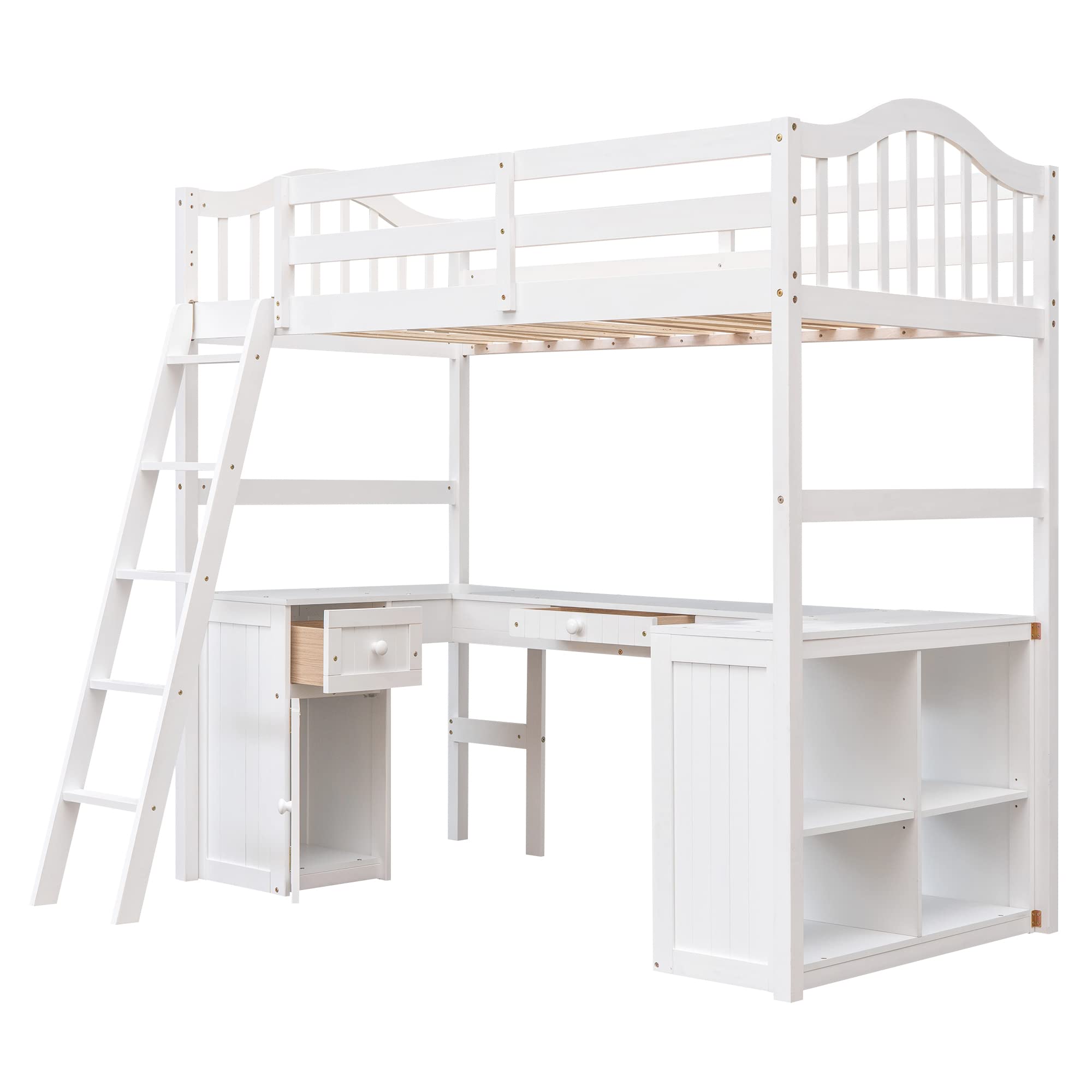 Harper & Bright Designs White Wood Twin Size Loft Bed with Drawers, Cabinet, Shelves & Desk - No Box Spring Needed - Space-Saving Kids Bedroom Furniture for Small Rooms & Dorm Living
