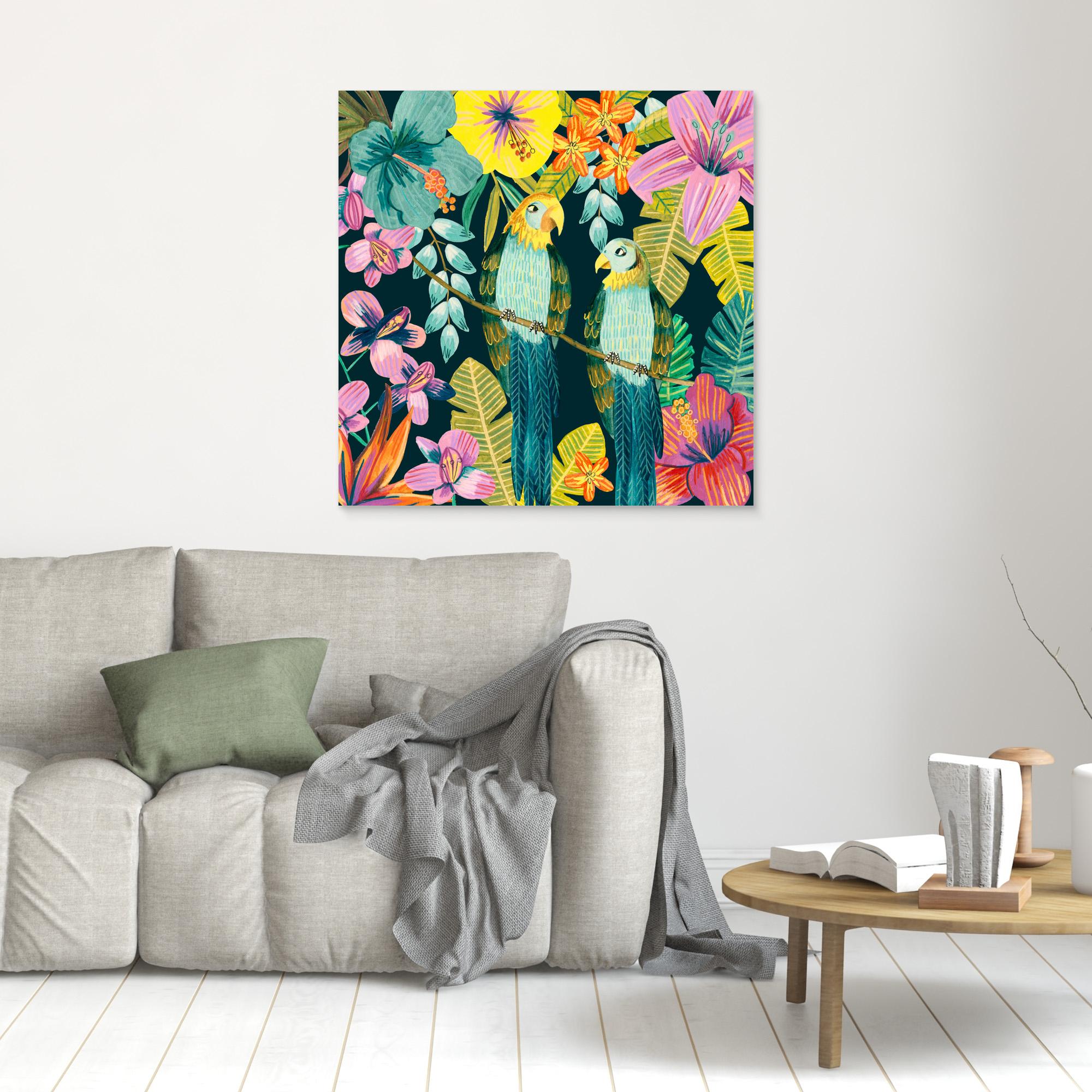 Caroline Bonne Müller Tropical Parrots Floral Jungle Canvas Print Wall Art - Perfect for Living Room, Bedroom & Office Decor