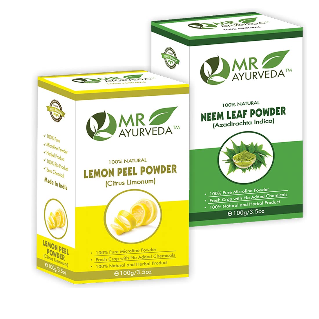 MR Ayurveda 100% Natural Lemon Peel Powder & Neem Powder Combo Pack (100g Each) - Organic Skin Care, Hair Treatment & Detox for Glowing Complexion
