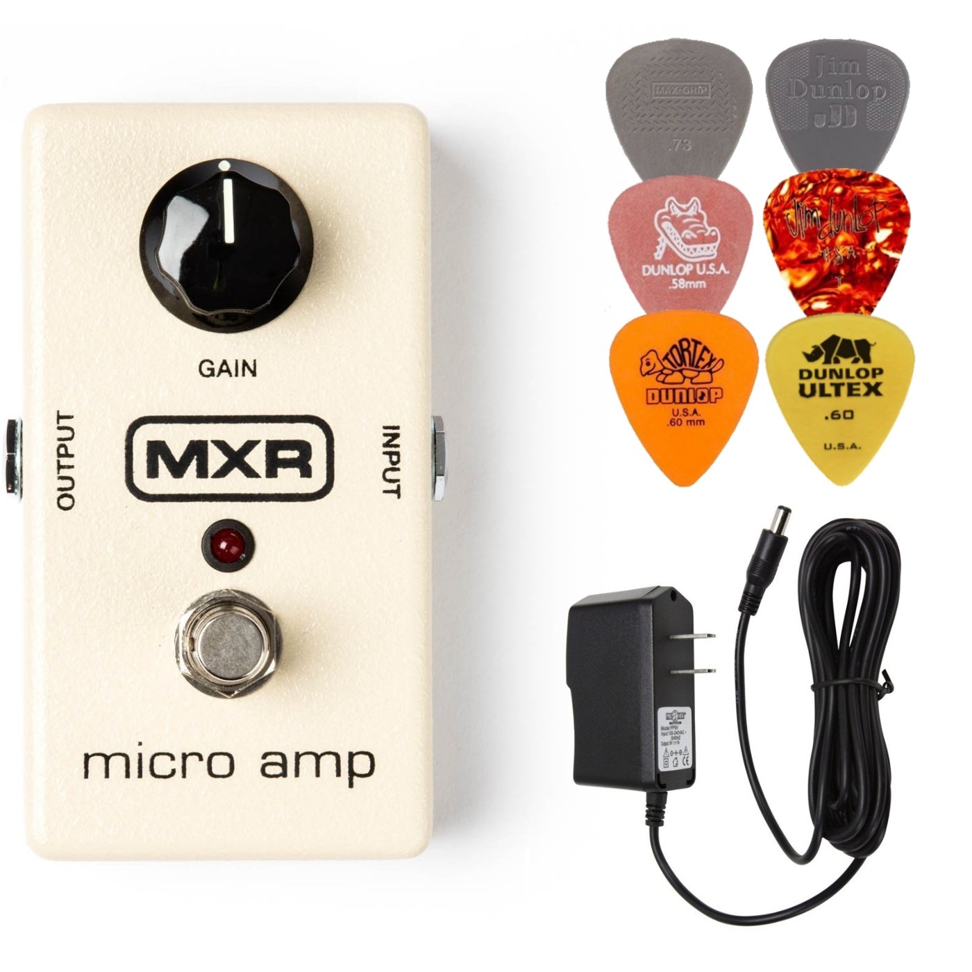 MXR M133 Micro Amp Booster Guitar Effects Pedal with 9V DC 1000mA Power Adapter & 6 Dunlop Guitar Picks Bundle - Perfect for Live Performances, Studio Recording, and Practice Sessions