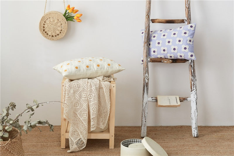 Daisy Embroidered Lumbar Pillow Cover - Bohemian Home Decor for Sofa, Bed & Couch - Perfect for Living Room, Bedroom & Nursery
