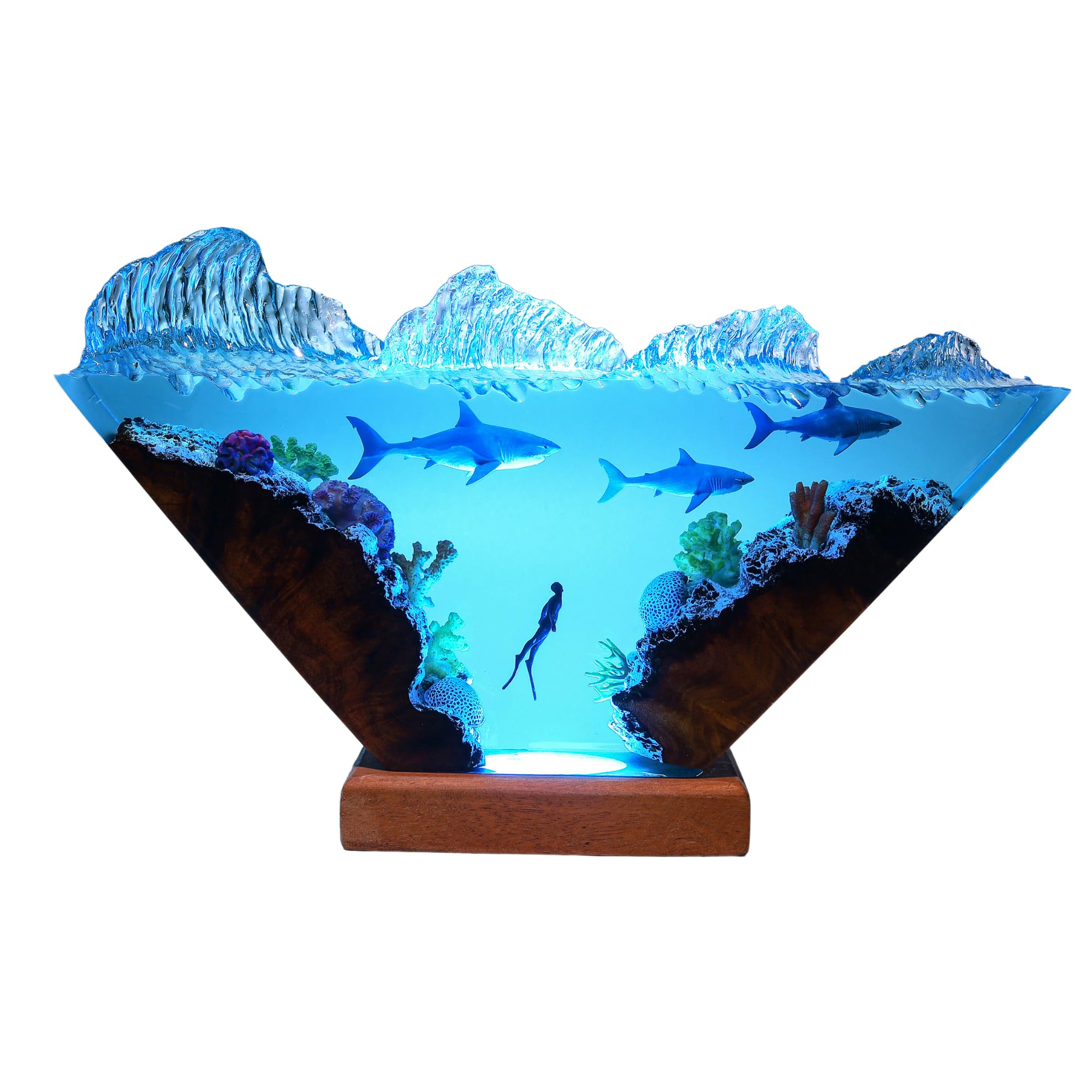 Custom Epoxy Resin Shark Night Light - 10x5 Inch Deep Blue Sea Table Lamp with Great White Shark & Diver Design, Unique Valentine's Gift for Him or Her - Perfect for Bedroom Decor, Ocean Theme Room Lighting & Romantic Gifts