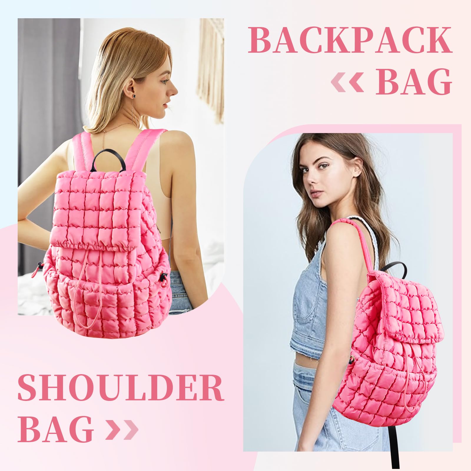 Iqimott Quilted Puffer Backpack for Women - Stylish Nylon Casual Daypack, Lightweight Hiking & Gym Bag with Adjustable Drawstring - Perfect for Travel, School & Outdoor Activities (Pink)