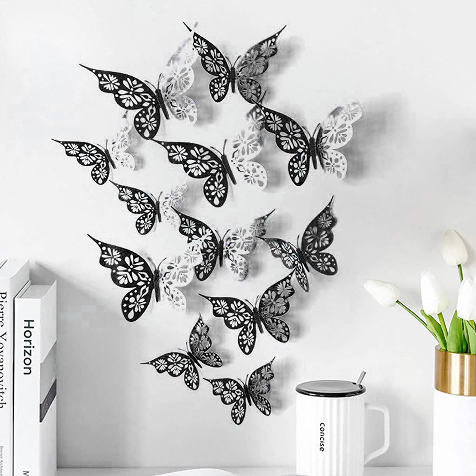 3D Hollow Butterfly Wall Stickers - 9 PCS Gold Hollow-Out Cardboard Wall Décor for Home & Party Decorations | Elegant Black 3D Butterflies Art for Living Room, Bedroom, Wedding & Event Decoration