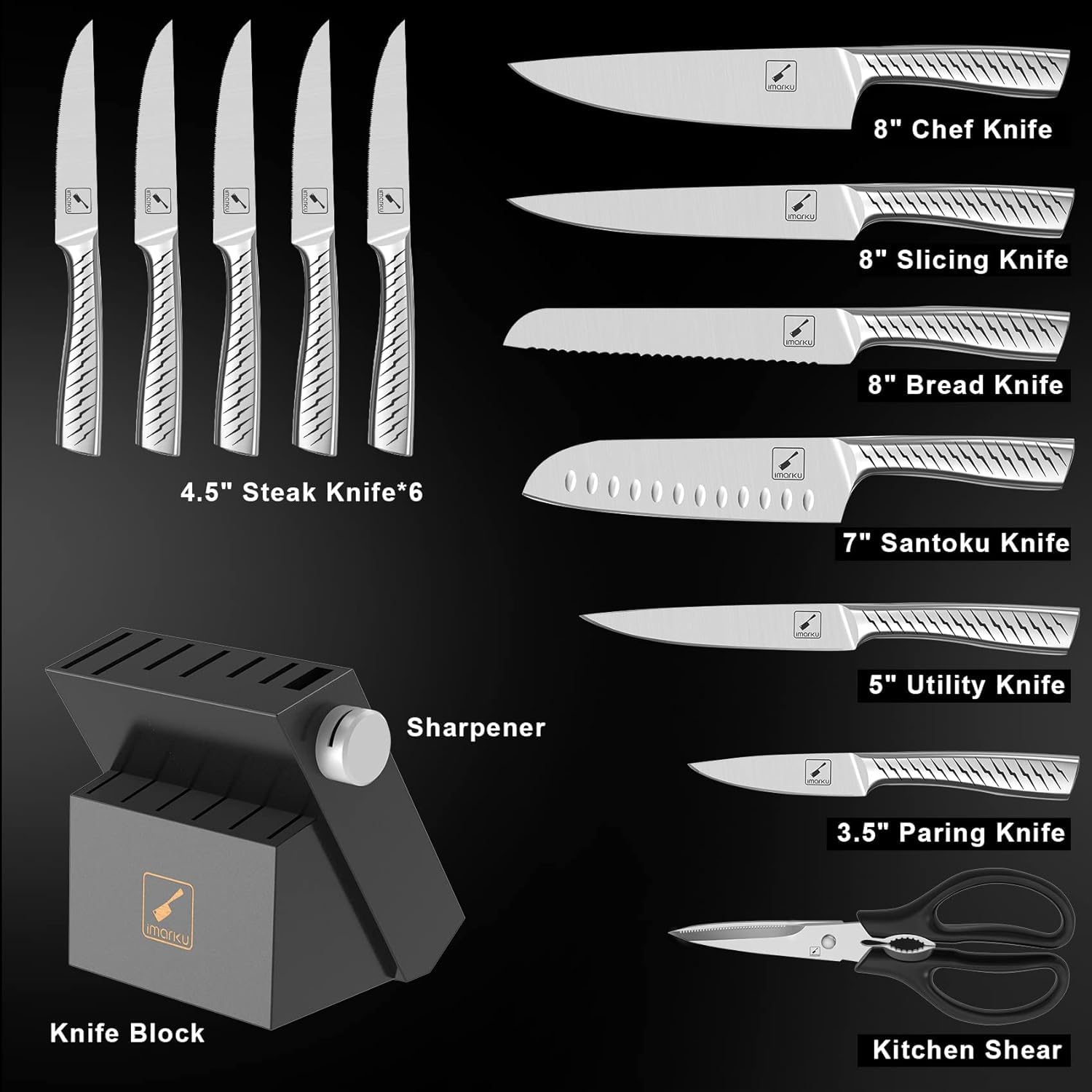 Imarku 14-Piece Premium Kitchen Knife Set with Block & Sharpener - High Carbon Stainless Steel Chef Knives for Cooking, Slicing & Chopping - Dishwasher Safe Black Knife Set for Home & Professional Kitchens