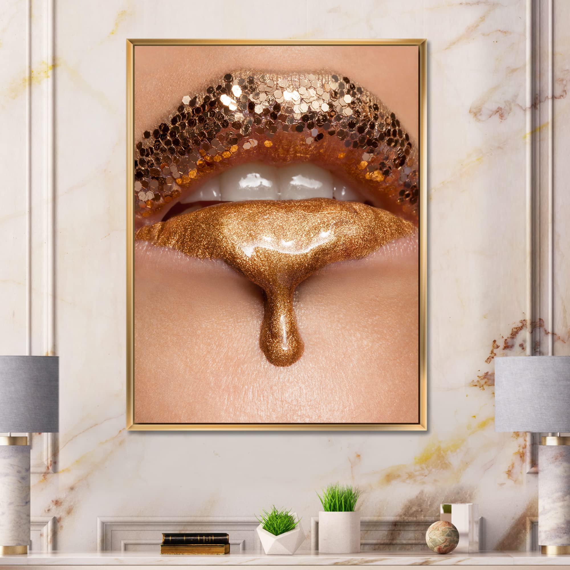 DesignQ Gold Liquid Lips Close-Up Make-Up Art Print - Modern Framed Canvas Wall Decor for Living Room, Bedroom & Office