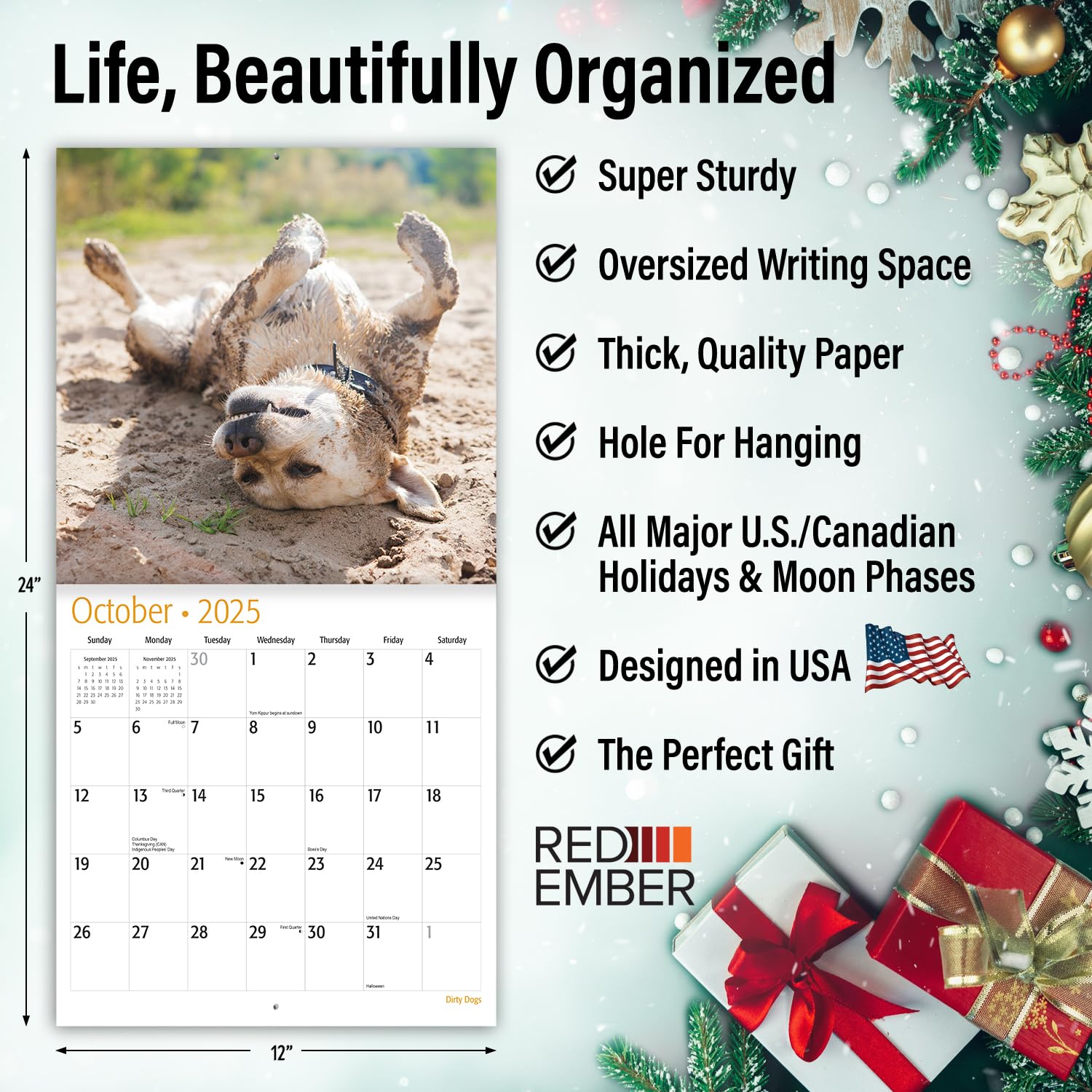 RED EMBER Dirty Dogs 2025 Wall Calendar - 12 Month Funny Dog Lovers Calendar (12